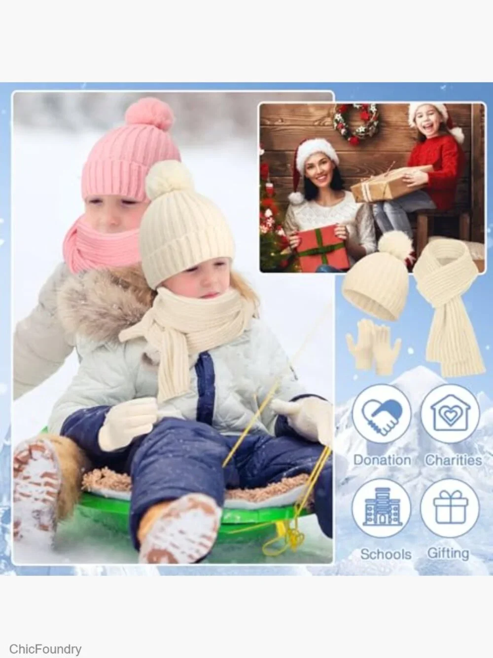 Kids Knit Beanie Hat Gloves Scarf Set Winter Warm Unisex